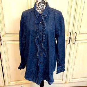 Truly Yours Size 1X Dark Blue Snap Down Denim Shirt with Ruffle Front & Sleeves